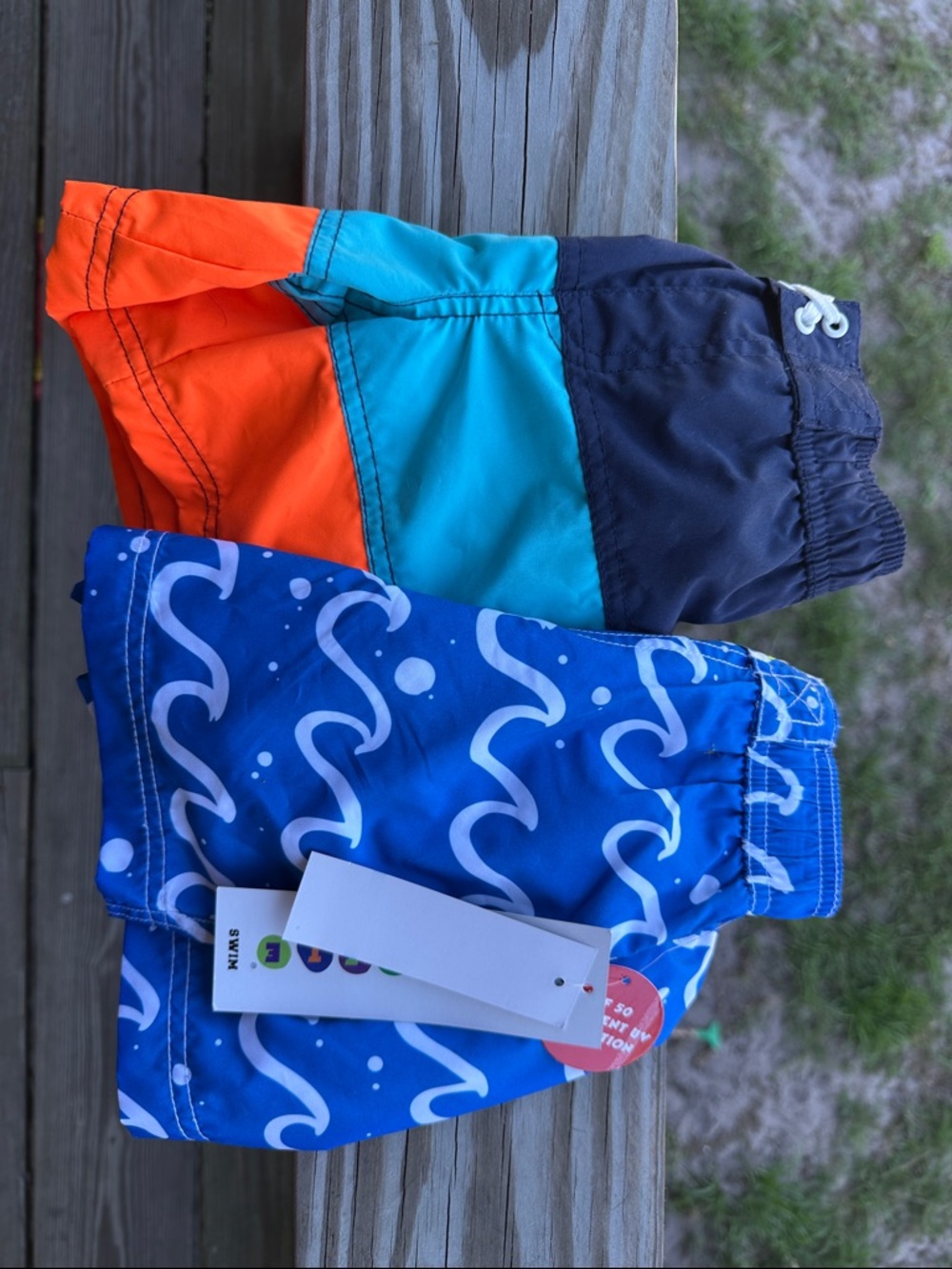 Boys Colorblock & Wave Print Swim Shorts - Orange, Teal, Navy, Royal Blue